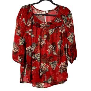 Lauren Conrad Size L Floral Print Boho Blouse Red & Gold Sheer Pleated